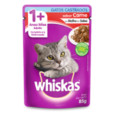 Alimento Úmido Sachê Whiskas Gatos Adultos Castrados Carne - 85g 
